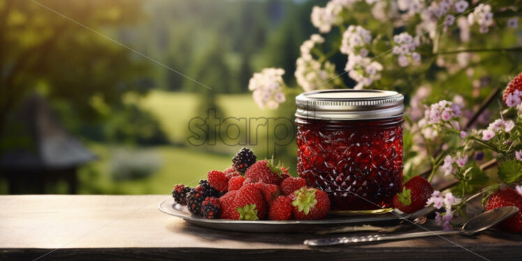 A jar of berry jam , on an antique table, with a fields of flower background - Starpik Stock