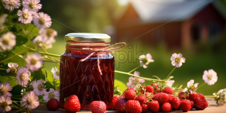 A jar of berry jam , on an antique table, with a fields of flower background - Starpik Stock