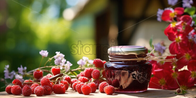 A jar of berry jam , on an antique table, with a fields of flower background - Starpik Stock