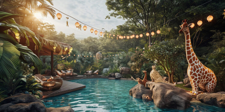 A jungle adventure pool party with animal-themed decorations and kids in safari outfits - Starpik Stock