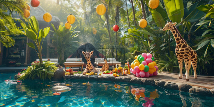 A jungle adventure pool party with animal-themed decorations and kids in safari outfits - Starpik Stock