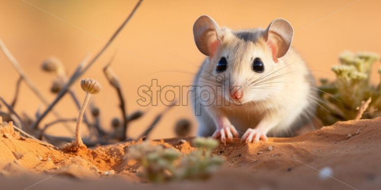 A kangaroo rat, well-adapted to the desert environment, foraging for seeds - Starpik Stock