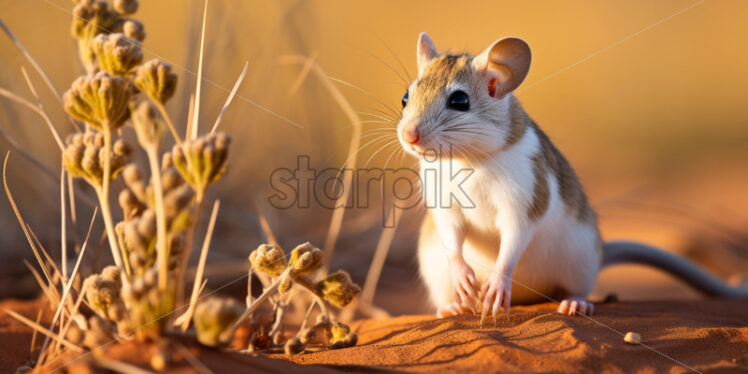 A kangaroo rat, well-adapted to the desert environment, foraging for seeds - Starpik Stock