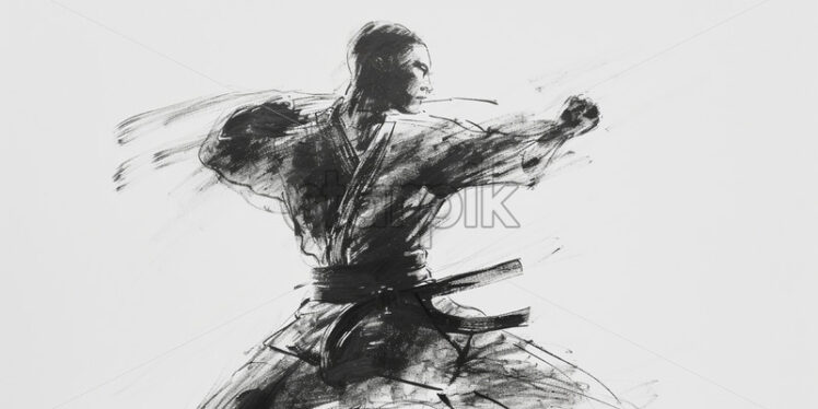 A karate master, sketch in black charcoal - Starpik Stock