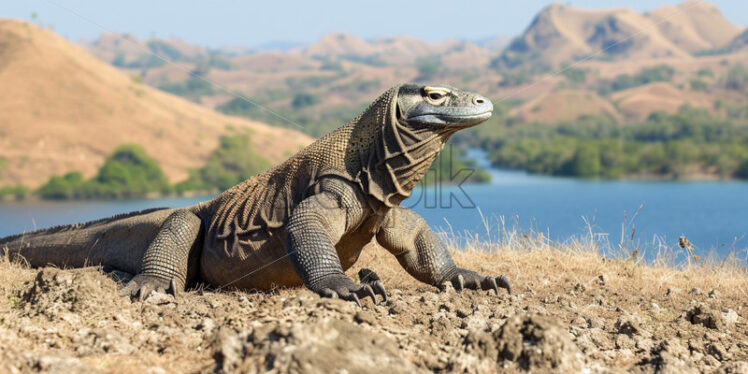 A komodo dragon basking in the sun on a plain - Starpik Stock