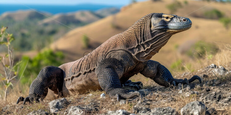 A komodo dragon basking in the sun on a plain - Starpik Stock