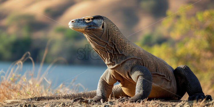 A komodo dragon basking in the sun on a plain - Starpik Stock