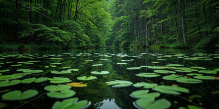 A lake in the middle of the forest with water lily leaves on it - Starpik Stock