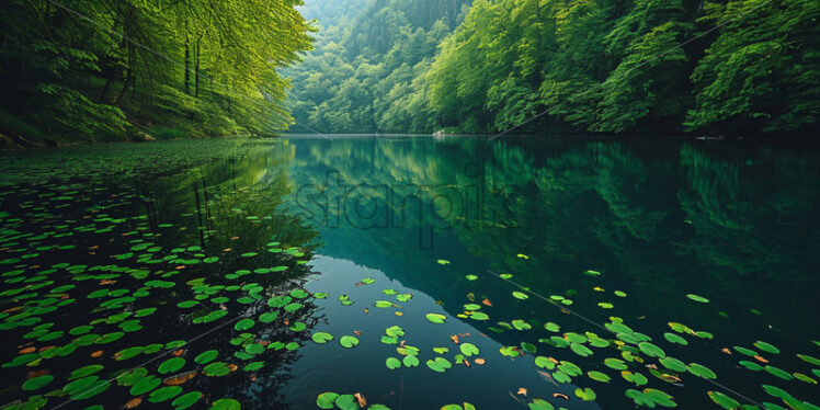 A lake in the middle of the forest with water lily leaves on it - Starpik Stock