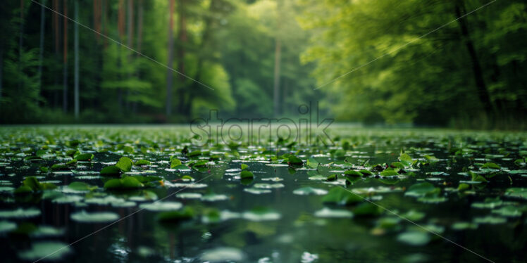 A lake in the middle of the forest with water lily leaves on it - Starpik Stock