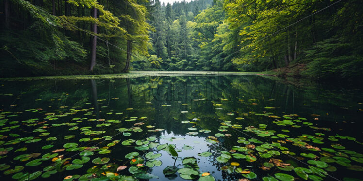 A lake in the middle of the forest with water lily leaves on it - Starpik Stock