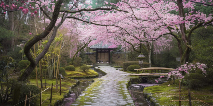 A landscape with a folding garden with sakura flowers - Starpik Stock