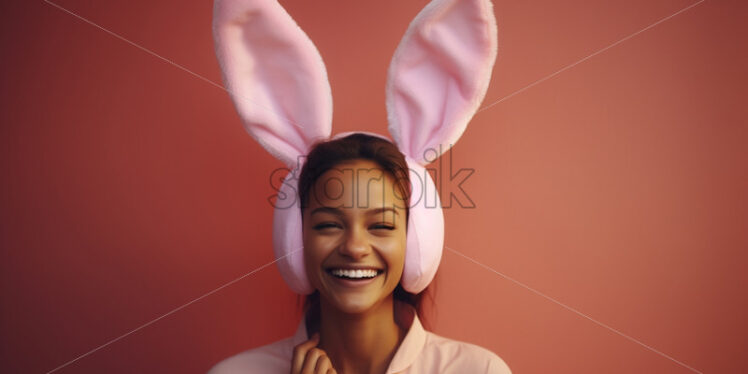 A laughing girl wearing headphones with rabbit ears - Starpik Stock