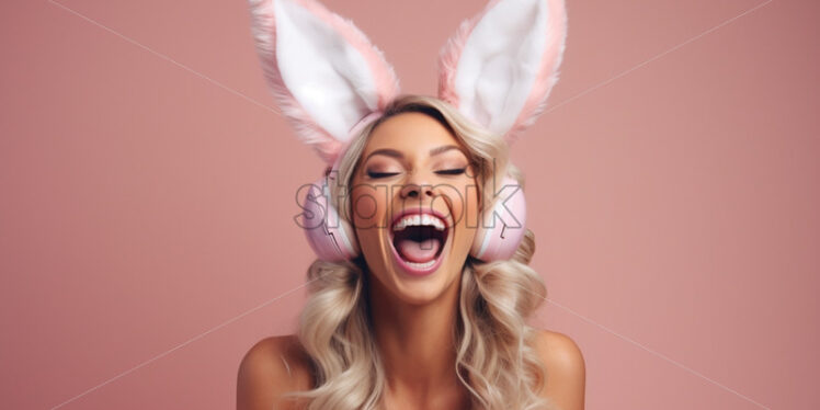 A laughing girl wearing headphones with rabbit ears - Starpik Stock