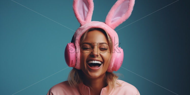 A laughing girl wearing headphones with rabbit ears - Starpik Stock