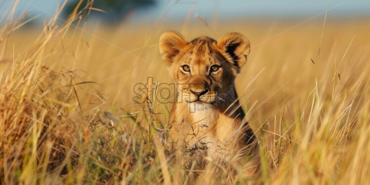 A lion cub in the savannah - Starpik Stock