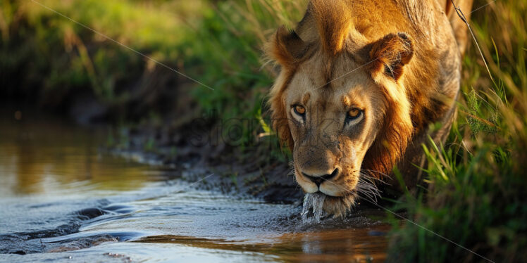 A lion drinking water from a river - Starpik Stock