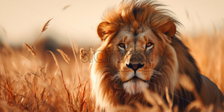 A lion on a plain with dry grass - Starpik Stock