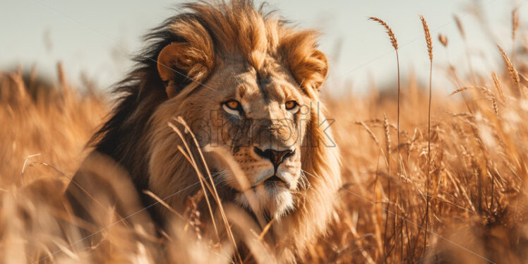 A lion on a plain with dry grass - Starpik Stock