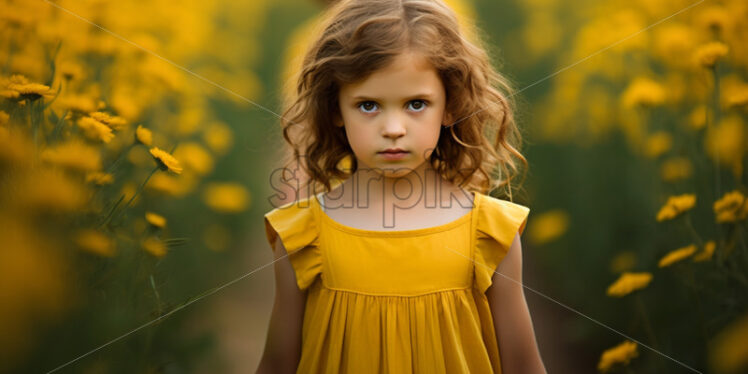 A little girl in yellow in a field with yellow flowers - Starpik Stock