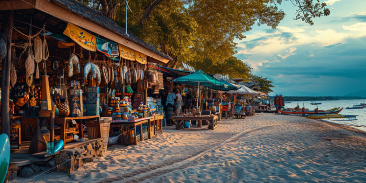 A lively beach market with locals selling handmade crafts and souvenirs - Starpik Stock