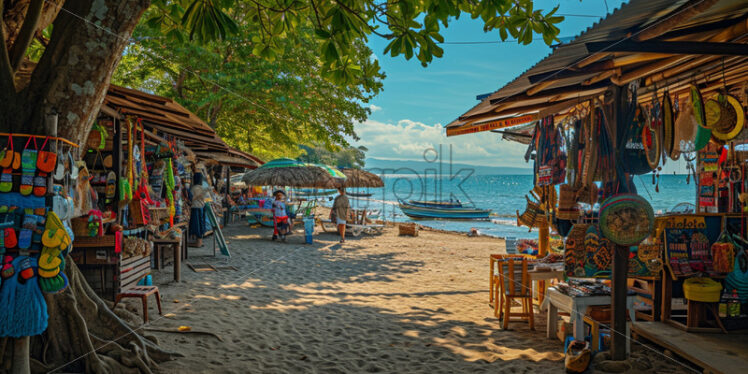 A lively beach market with locals selling handmade crafts and souvenirs - Starpik Stock