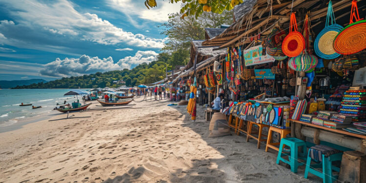 A lively beach market with locals selling handmade crafts and souvenirs - Starpik Stock