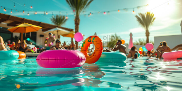 A lively pool party scene with vibrant inflatables, upbeat music, and guests enjoying the sun - Starpik Stock