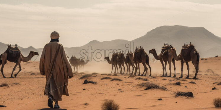 A lone camel caravan traversing a desolate desert landscape - Starpik Stock