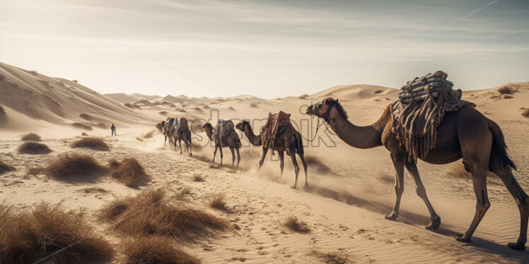 A lone camel caravan traversing a desolate desert landscape - Starpik Stock