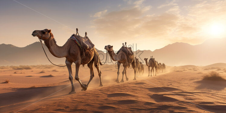 A lone camel caravan traversing a desolate desert landscape - Starpik Stock