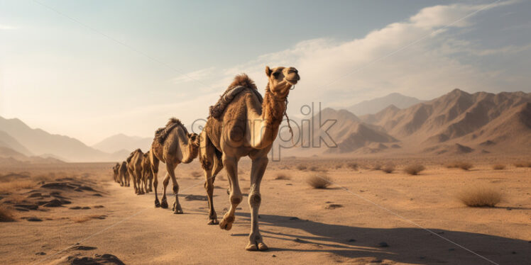 A lone camel caravan traversing a desolate desert landscape - Starpik Stock