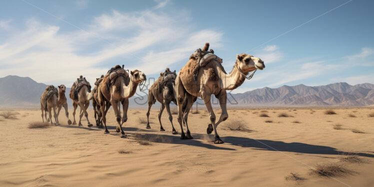 A lone camel caravan traversing a desolate desert landscape - Starpik Stock