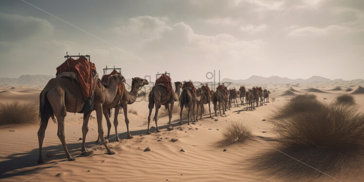 A lone camel caravan traversing a desolate desert landscape - Starpik Stock