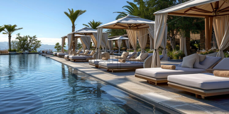 A luxury poolside experience, where guests bask in the opulence of cabanas - Starpik Stock