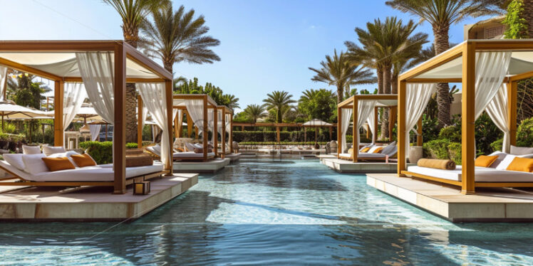 A luxury poolside experience, where guests bask in the opulence of cabanas - Starpik Stock