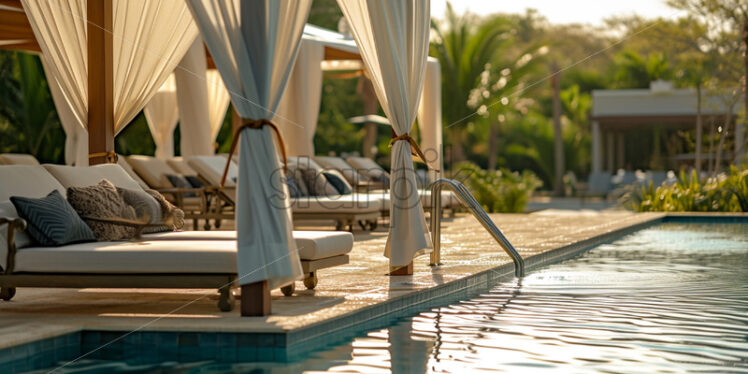 A luxury poolside experience, where guests bask in the opulence of cabanas - Starpik Stock