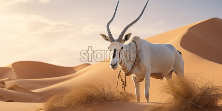 A majestic Arabian oryx gracefully navigating the sandy dunes of the desert - Starpik Stock