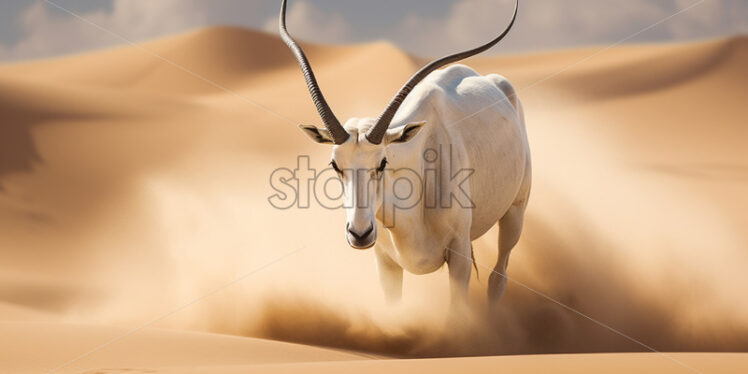 A majestic Arabian oryx gracefully navigating the sandy dunes of the desert - Starpik Stock