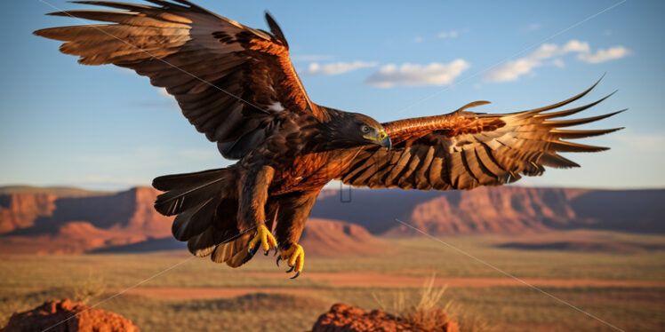 A majestic Harris's hawk soaring above the arid desert landscape - Starpik Stock