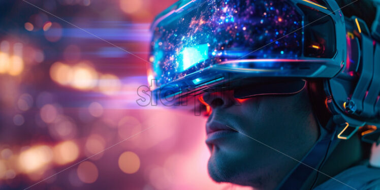 A man in futuristic VR glasses that simulate intergalactic space travel - Starpik Stock