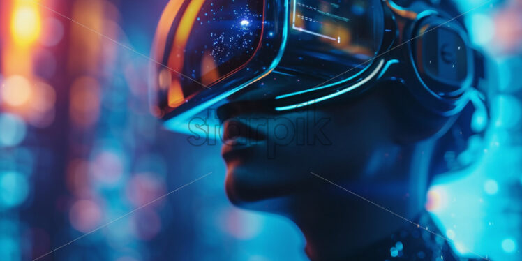 A man in futuristic VR glasses that simulate intergalactic space travel - Starpik Stock