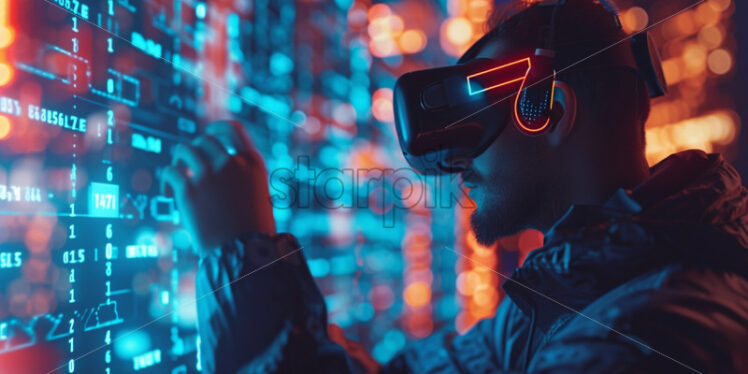 A man interacting with codes with VR glasses - Starpik Stock