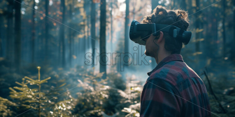 A man playing a VR game in a wild forest - Starpik Stock