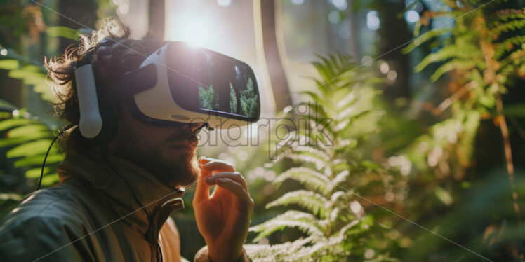 A man playing a VR game in a wild forest - Starpik Stock