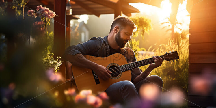 A man playing guitar with his acoustic guitar - Starpik Stock