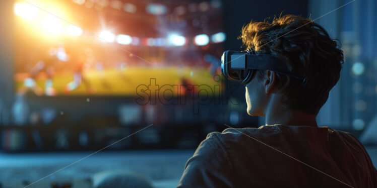 A man watching football game in living with VR glasses - Starpik Stock