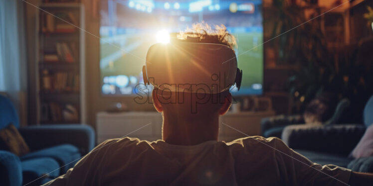 A man watching football game in living with VR glasses - Starpik Stock