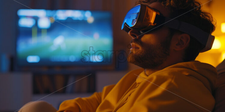 A man watching football game in living with VR glasses - Starpik Stock