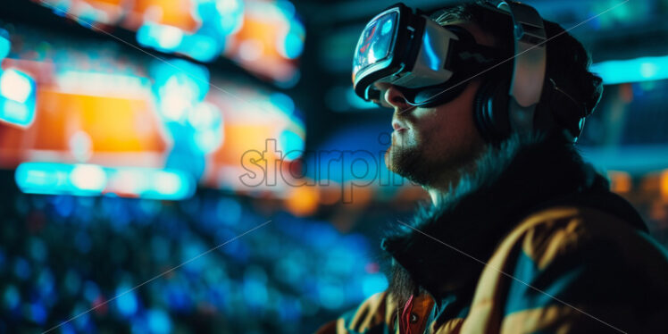 A man watching football game with VR glasses - Starpik Stock